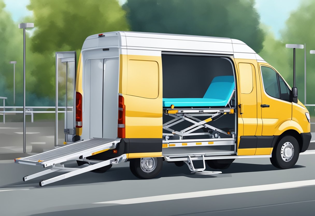 Uma van de transporte médico com um elevador hidráulico carregando uma maca com um paciente