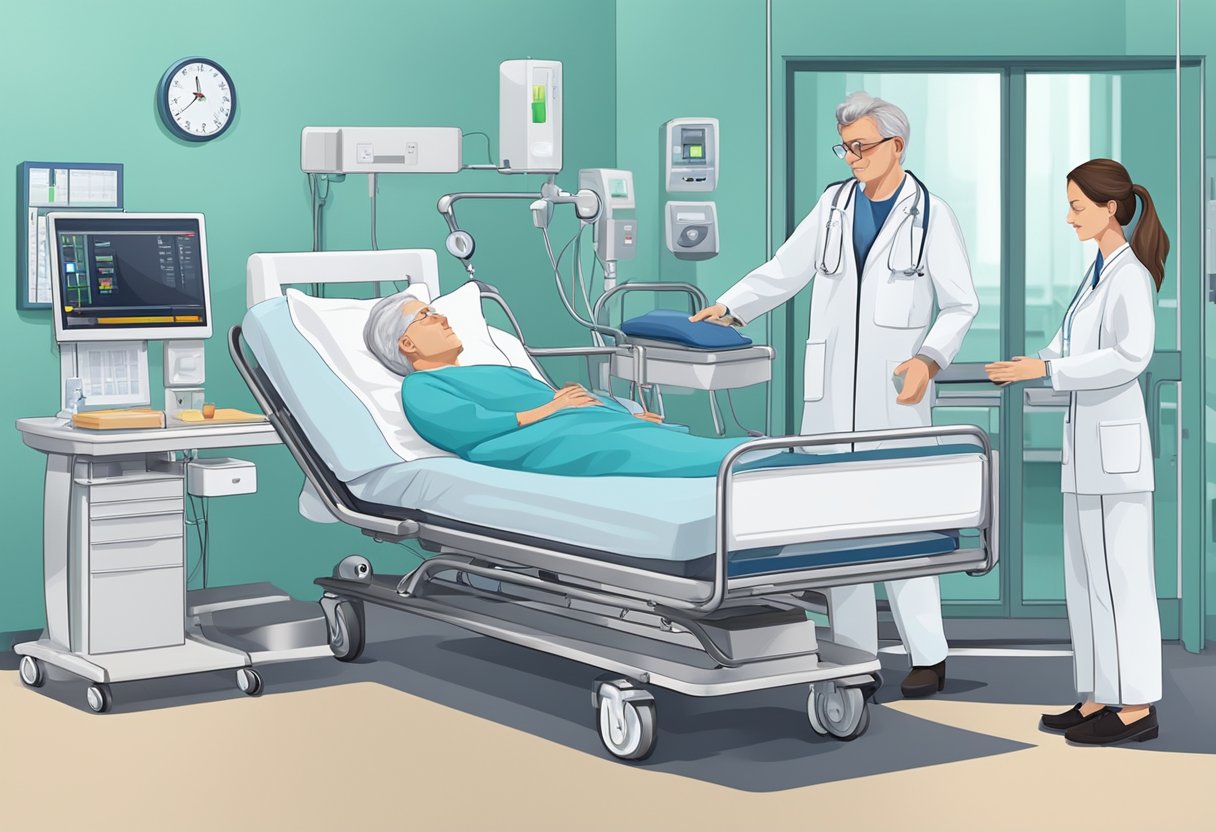 Um veículo confortável e espaçoso transporta uma pessoa deitada em uma cama médica, cercada por equipamentos médicos e um cuidador.