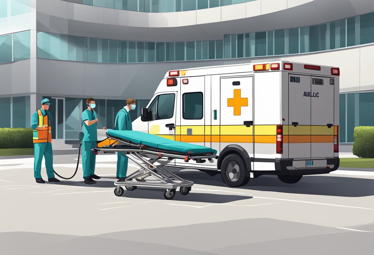 Uma ambulância particular estacionada do lado de fora de um hospital, com uma equipe médica carregando uma maca no veículo.