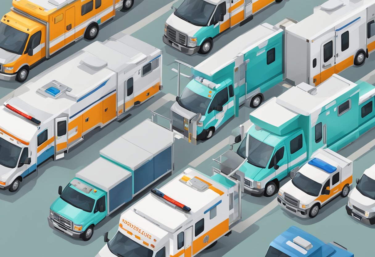 Uma variedade de ambulâncias alinhadas do lado de fora de uma instalação médica, prontas para transportar pacientes particulares.