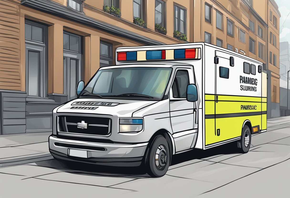 Um paramédico carregando uma ambulância particular com equipamentos médicos para o transporte de um paciente.