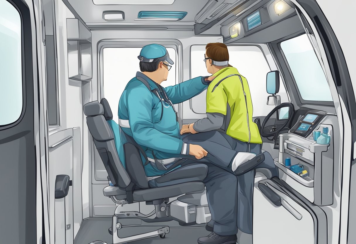 Um profissional de saúde monitora cuidadosamente um paciente em uma ambulância particular durante o transporte, garantindo seu conforto e segurança.