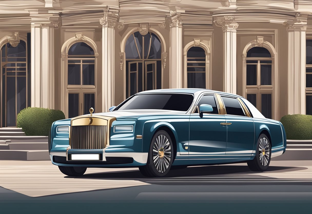 Um carro de luxo com um motorista estacionado em frente a um local elegante, pronto para transportar um paciente particular para um evento especial.