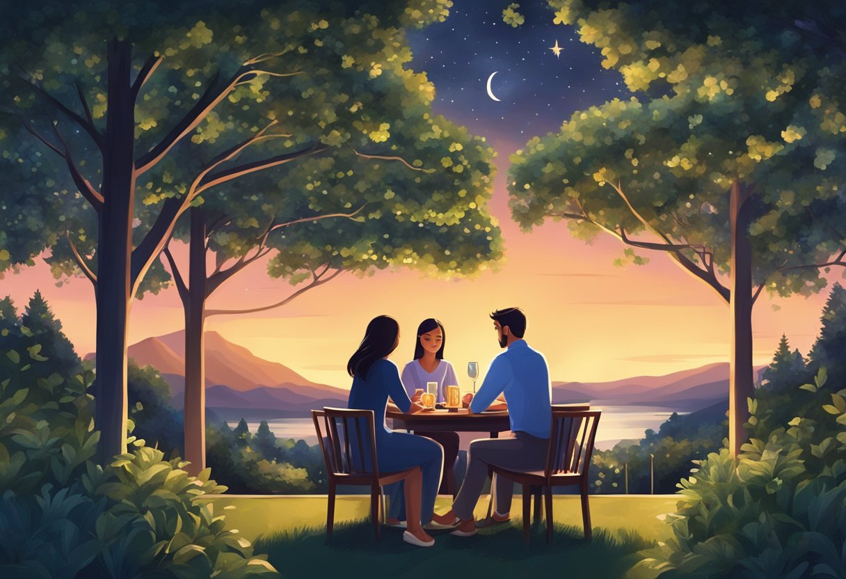 Um casal sentado à mesa, cercado por uma vegetação exuberante e desfrutando de um jantar romântico juntos sob as estrelas.