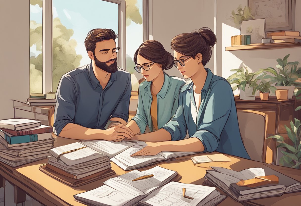 Um casal sentado a uma mesa, cercado por livros e anotações, envolvido em uma conversa profunda e planejando seu futuro juntos.