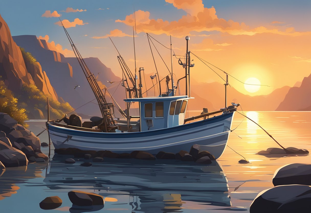A fishing boat anchored near a rocky reef, with various fishing rods cast into the water. The sun is setting, casting a warm glow over the scene