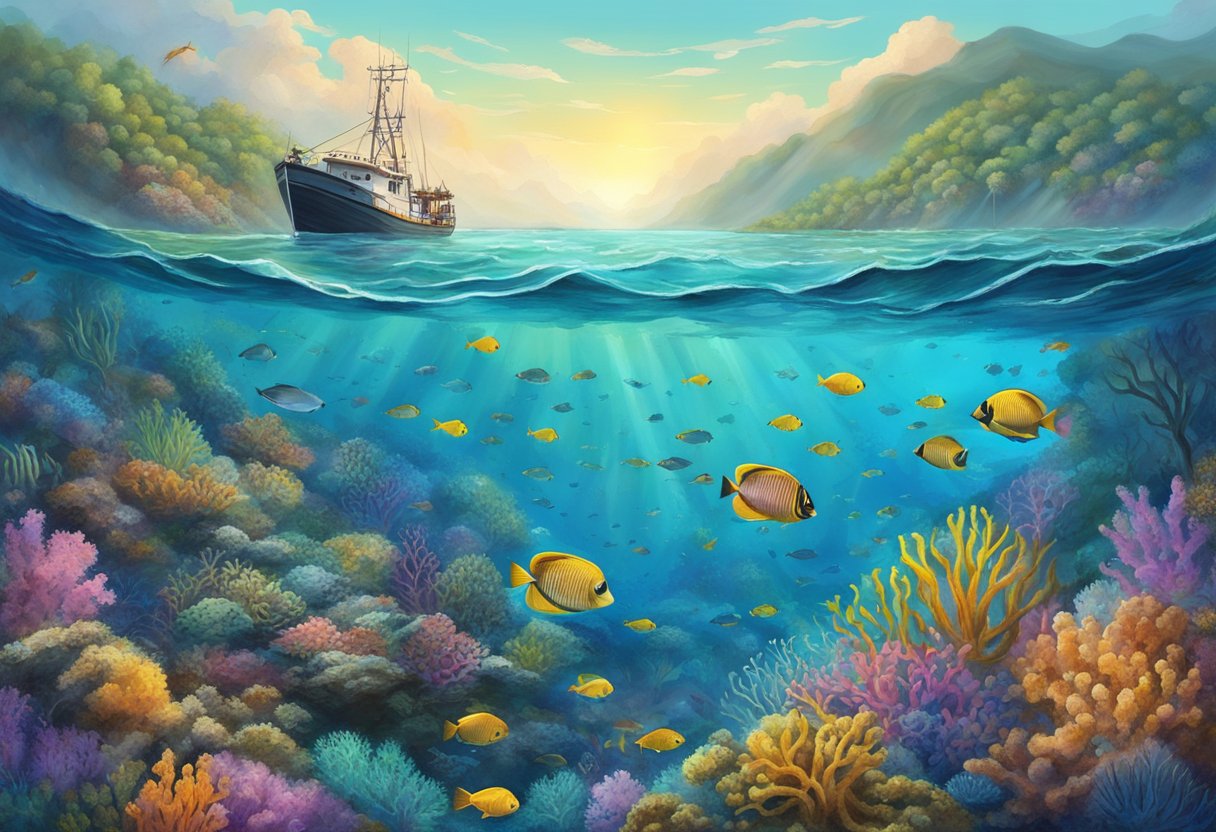 A fishing line is cast over a colorful reef, with a wreck in the background. The water is clear and teeming with marine life