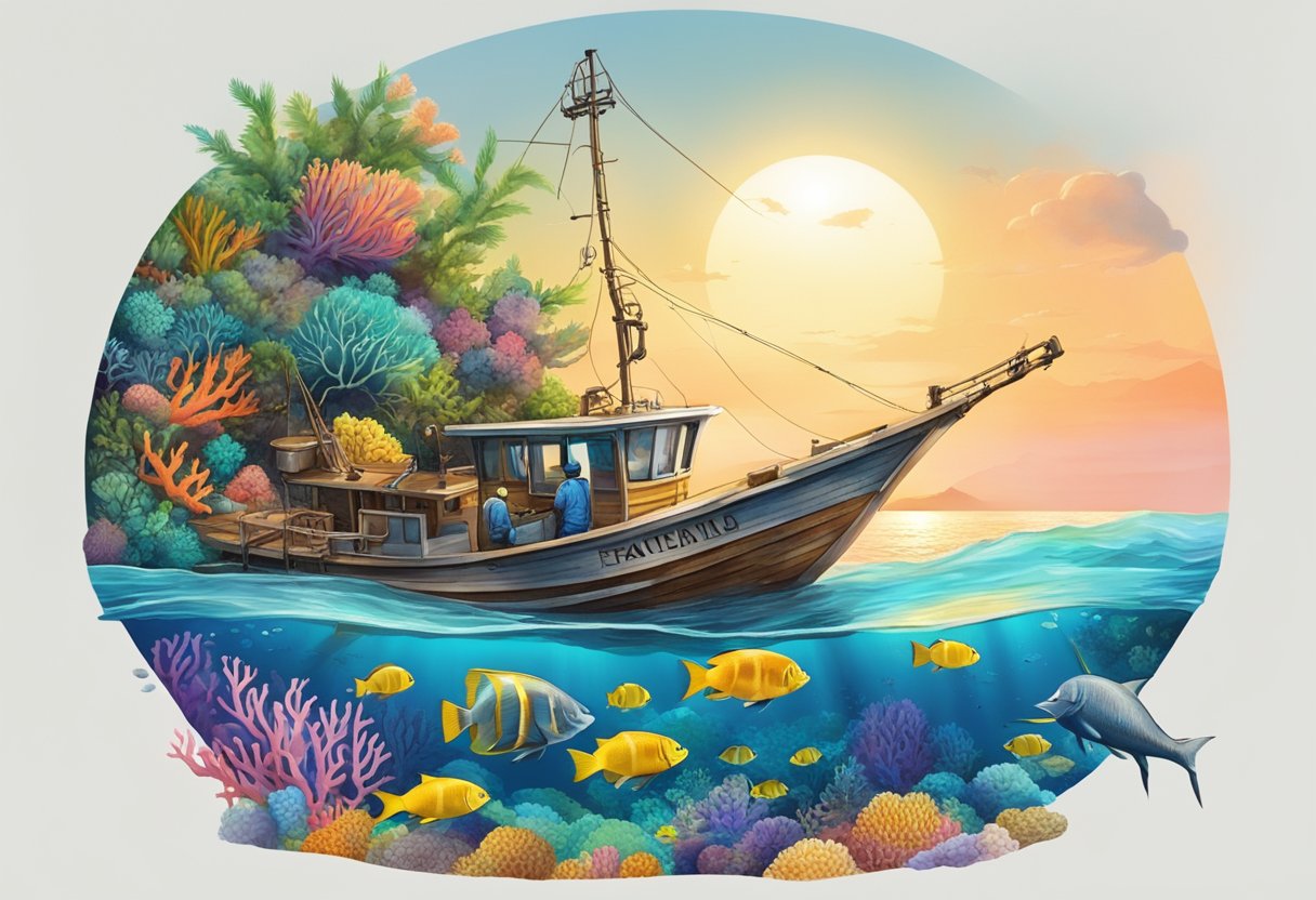 A fishing boat anchored over a colorful coral reef, with a diver releasing a large fish back into the water