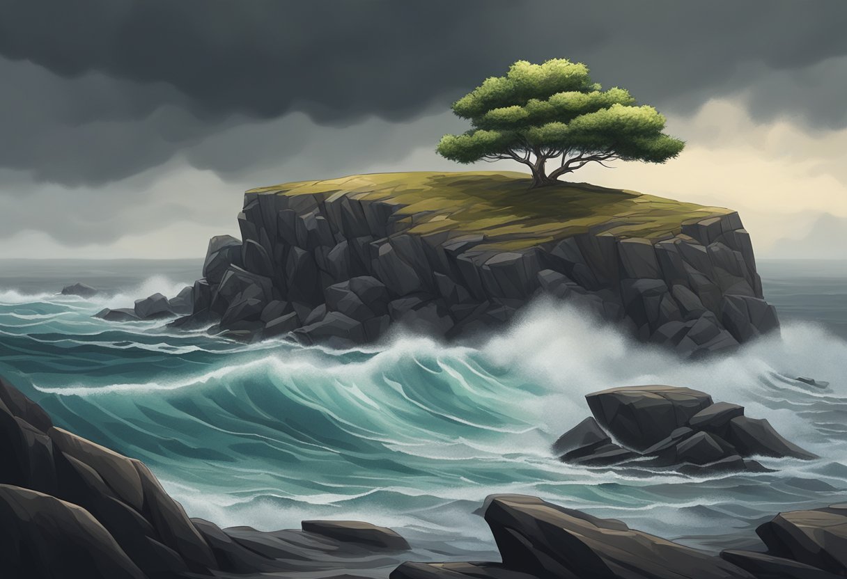 A lone tree stands on a rocky cliff, surrounded by turbulent waves crashing against the shore. Dark clouds loom overhead, creating an atmosphere of uncertainty and impending danger