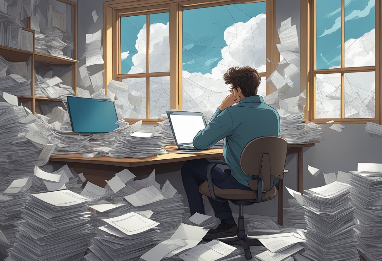 A person sitting at a desk, surrounded by scattered papers and a tangled web of thoughts, with a stormy sky outside the window