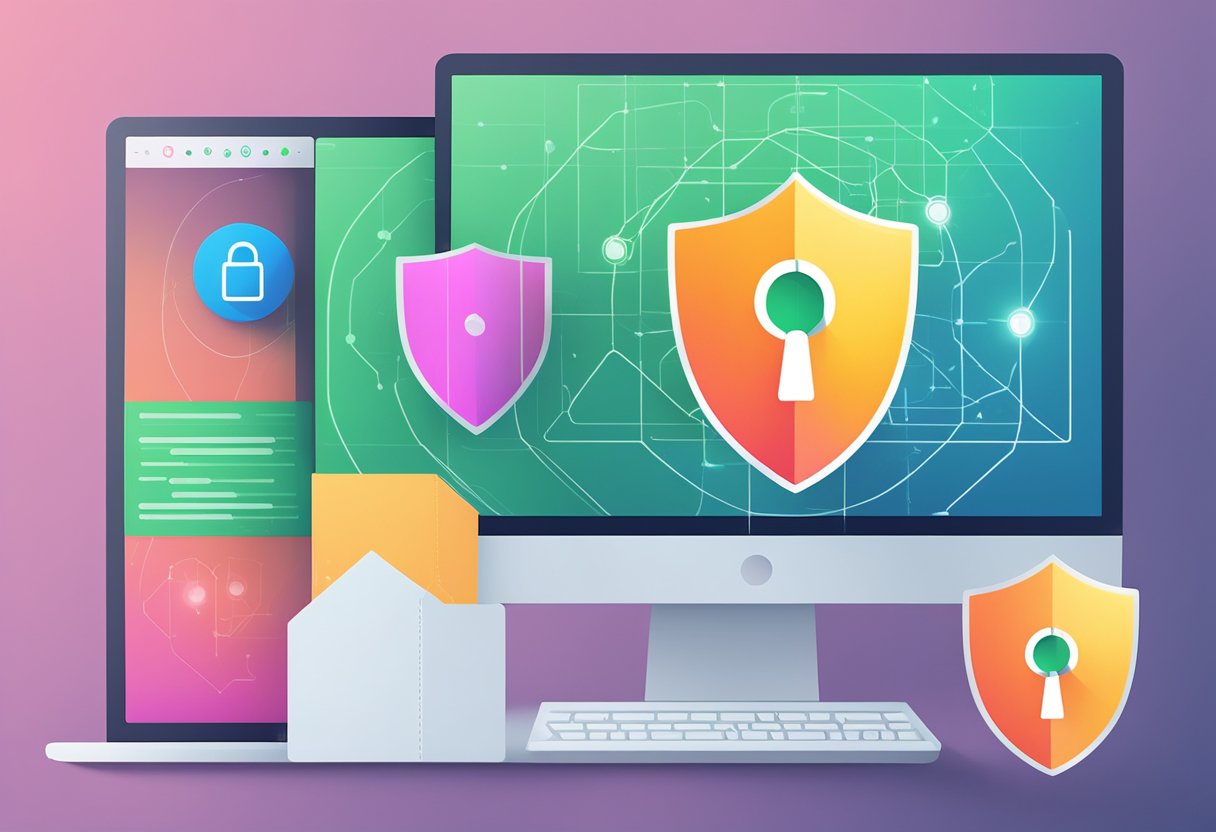 A computer screen with a lock icon and a shield symbol blocking a series of interconnected data points