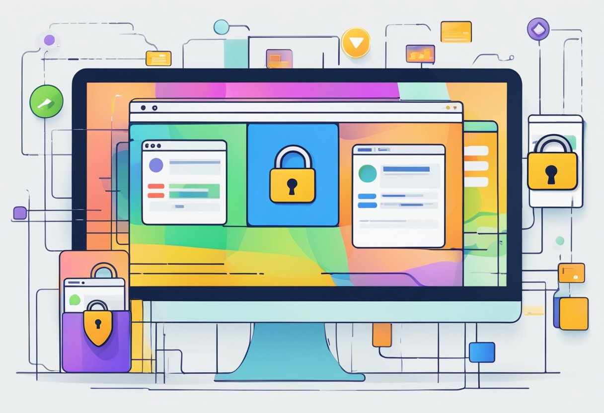 A computer screen with a padlock icon blocking data tracking attempts from multiple websites