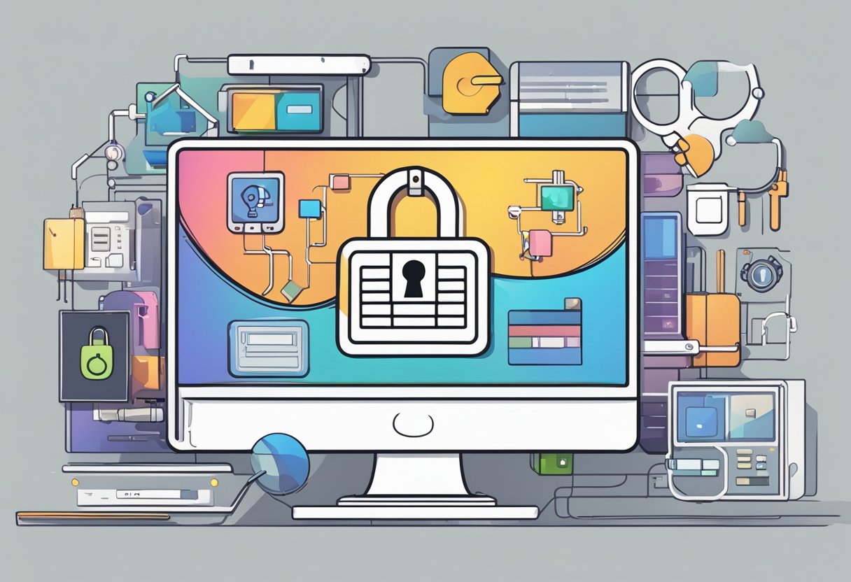 A computer screen with a lock symbol surrounded by various digital tools and technologies, blocking data tracking