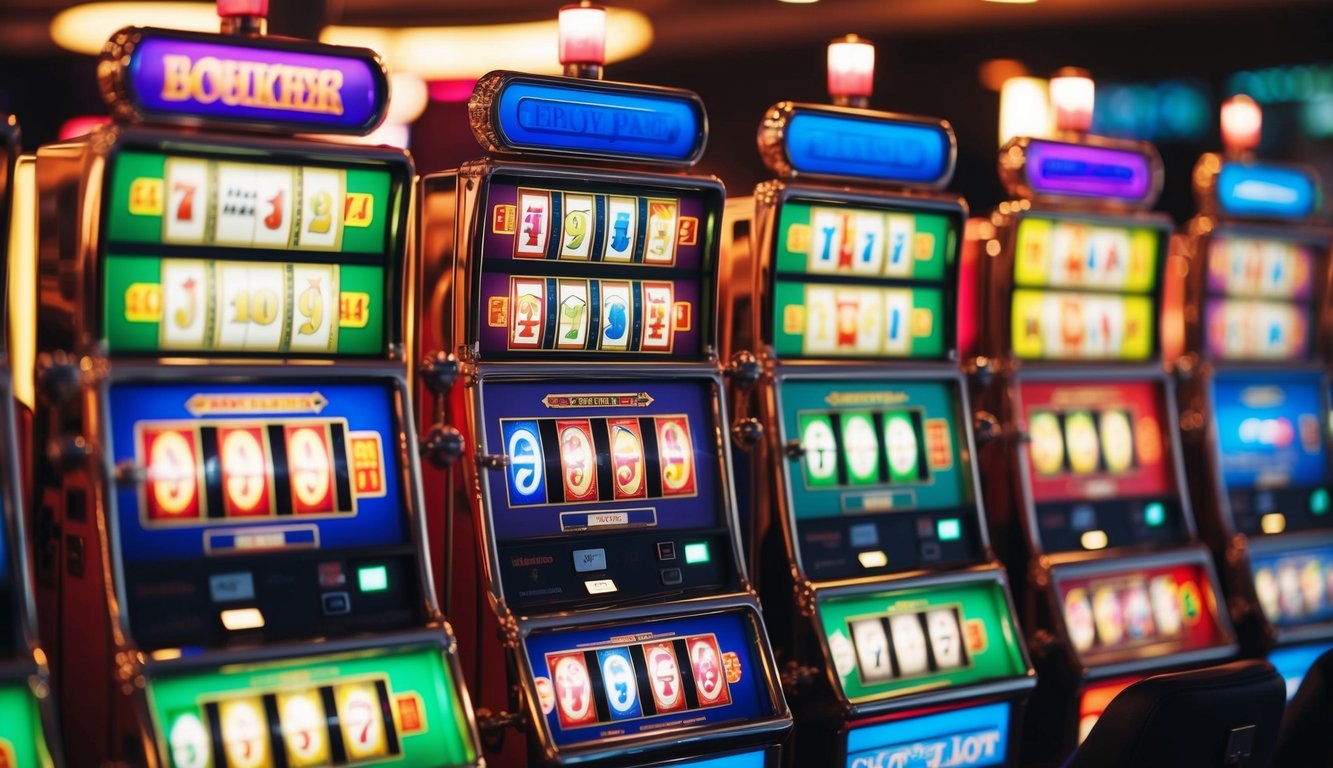 Sekumpulan mesin slot berwarna-warni dengan lampu berkedip dan gulungan berputar