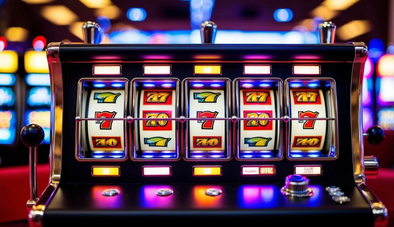 Mesin slot berwarna-warni dengan lampu berkedip dan gulungan berputar