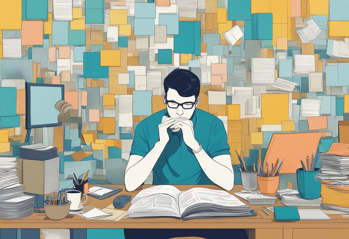 A person contemplating while surrounded by conflicting information and distractions