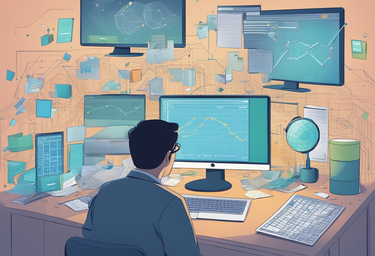 A person surrounded by conflicting information, pondering in front of a computer screen, with various sources and data scattered around