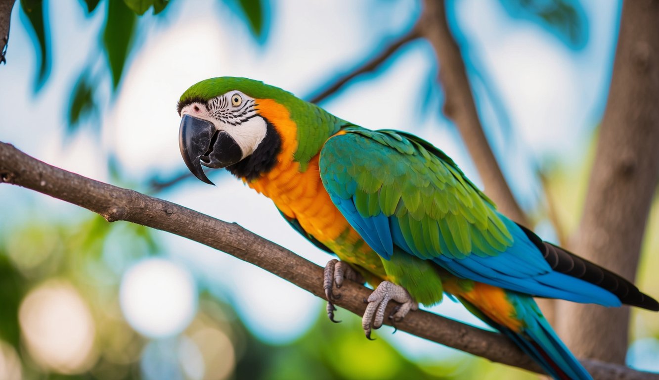 Seekor burung beo berwarna-warni bertengger di atas dahan, berkicau keras dengan bulunya yang kusut