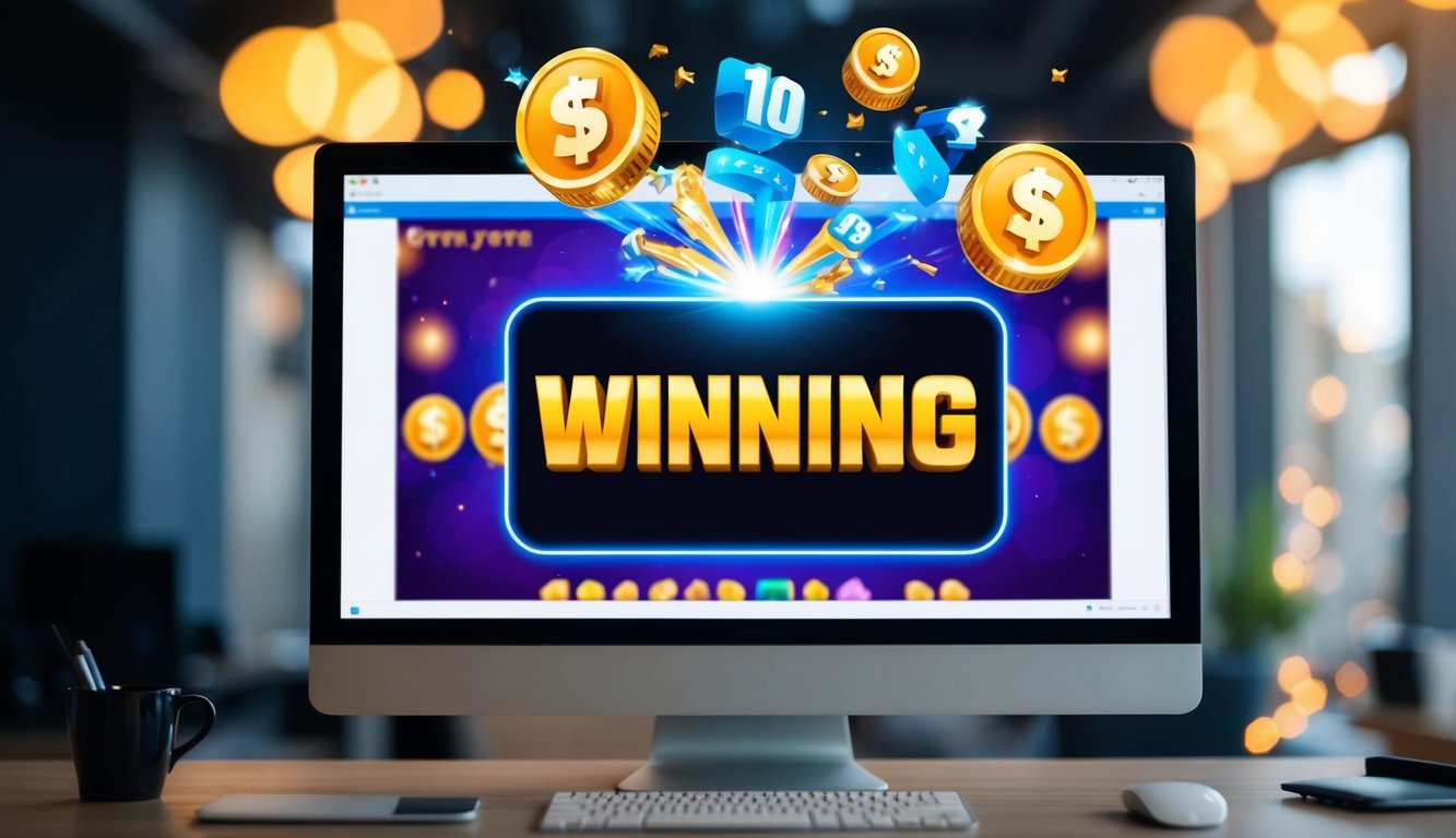 Sebuah layar komputer menampilkan slot online RTP yang menang dengan grafik perayaan dan simbol yang bersinar