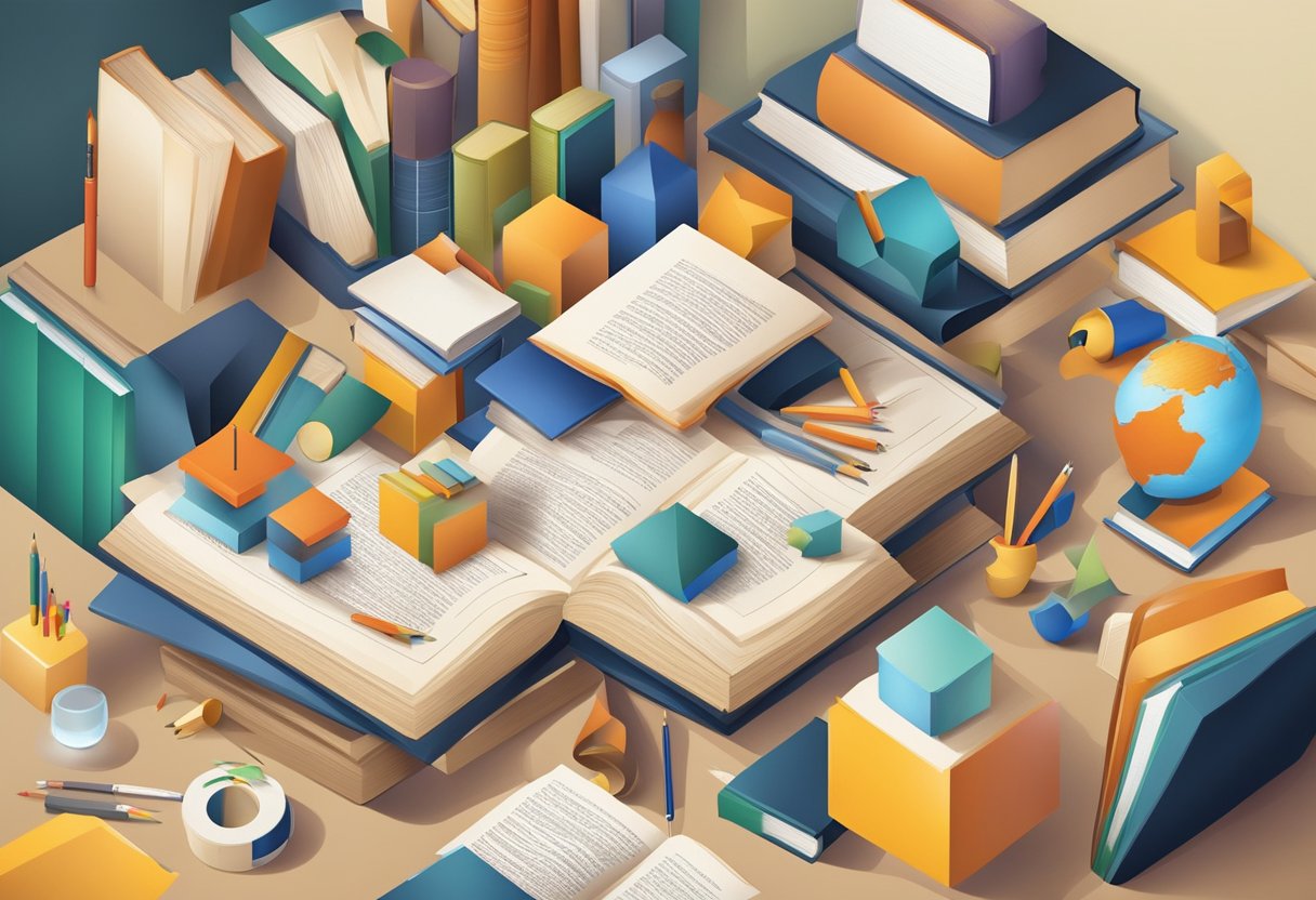 A group of diverse objects arranged in a puzzle-like formation, surrounded by books and various educational materials