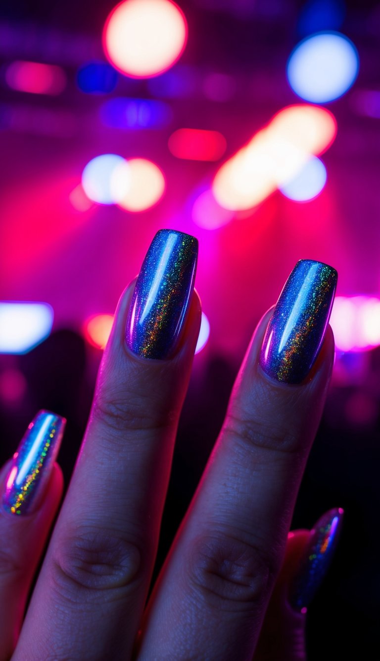 Holographic chrome nails glowing under neon lights at a rave