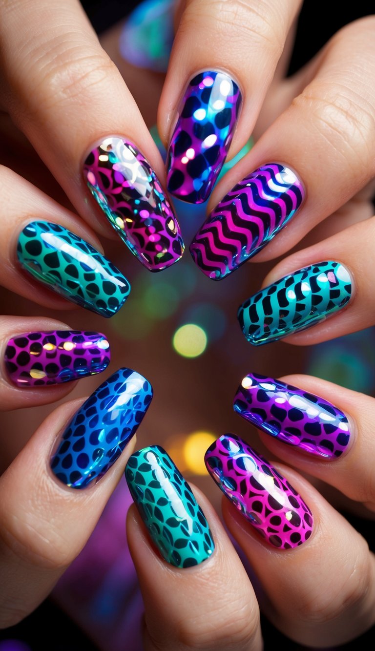 Seven mesmerizing nail designs with color-shifting optical illusions, perfect for a rave