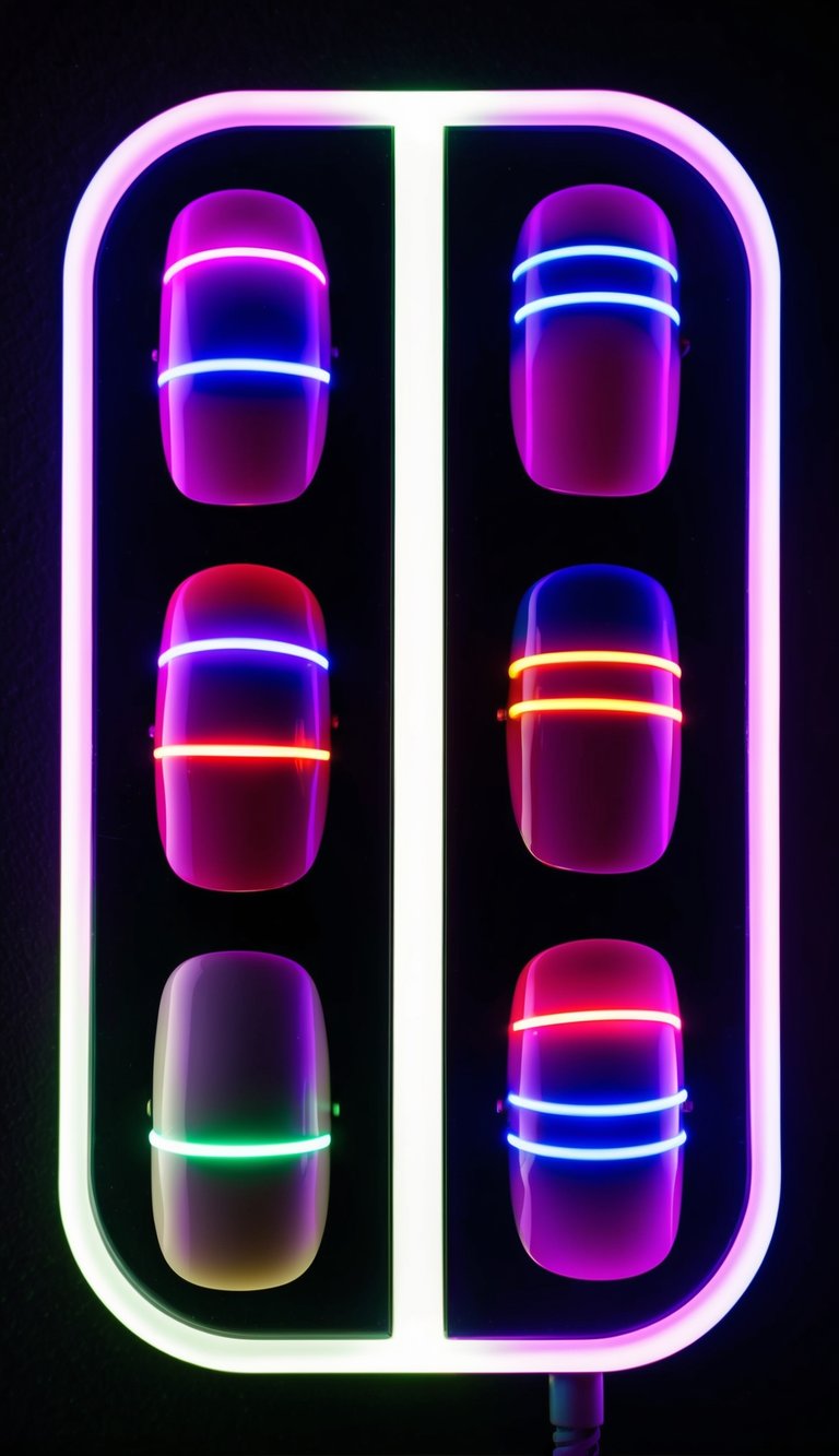 A dark room with neon lights, showcasing seven different LED light-up press-on nail designs, each glowing in vibrant colors