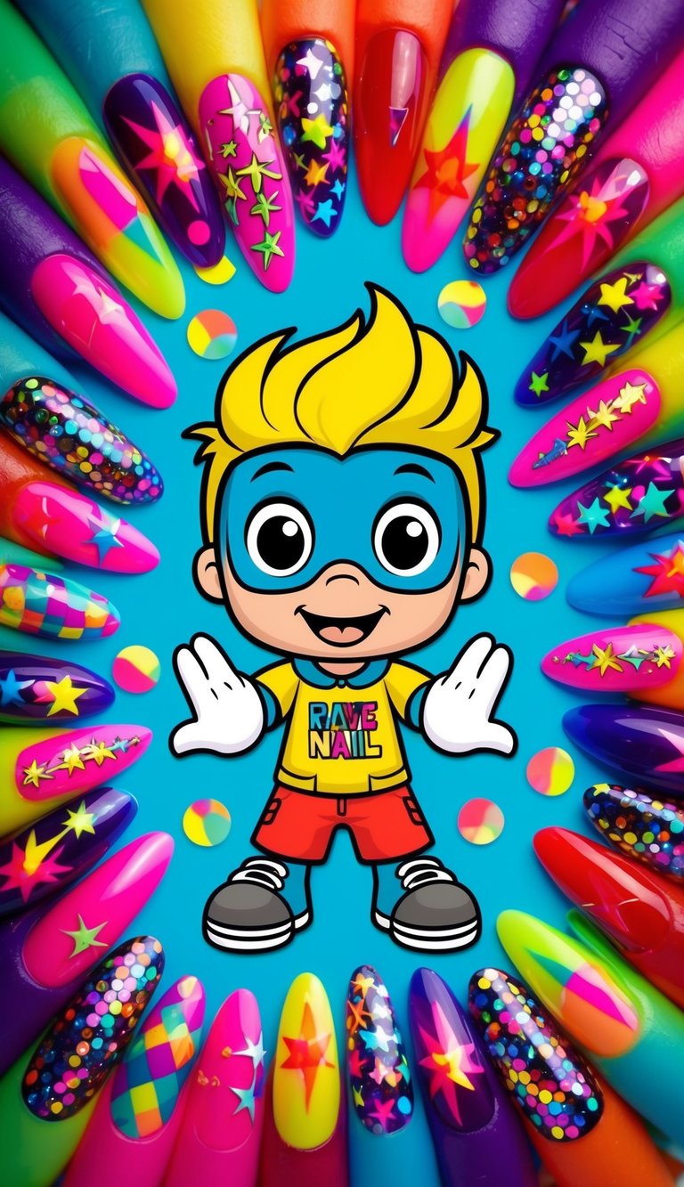 A colorful cartoon character surrounded by festival-themed elements and vibrant rave nail designs