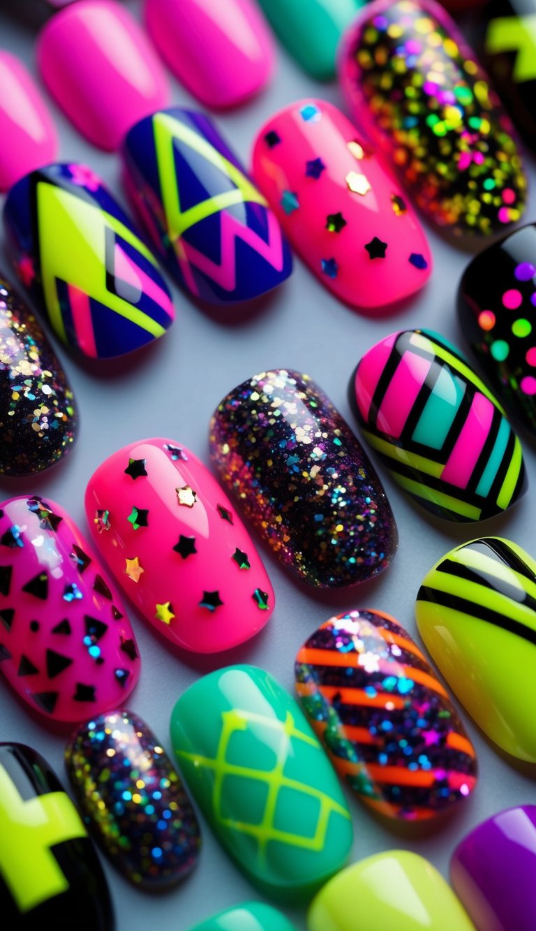 A colorful array of nail designs featuring neon and glitter, with bold patterns and geometric shapes inspired by rave culture
