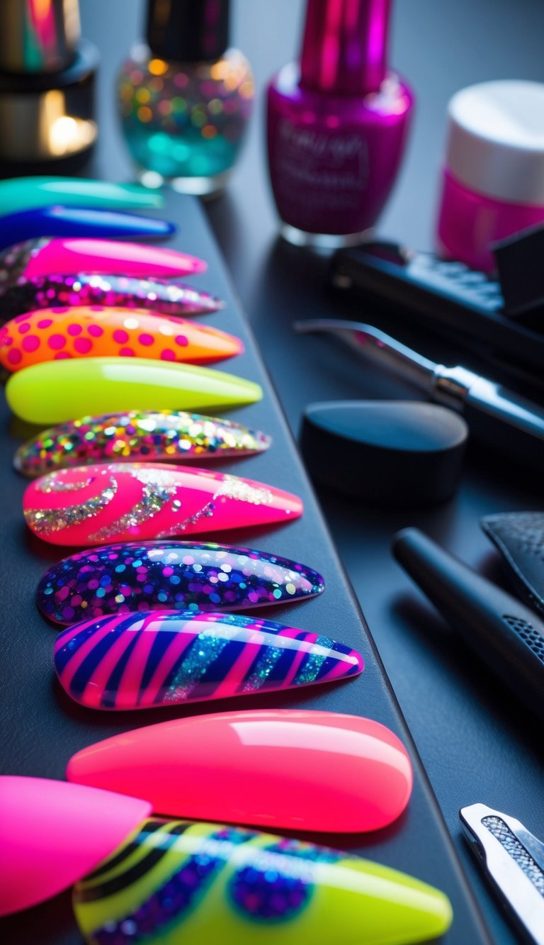 A colorful array of nail designs, including neon swirls and glittery patterns, displayed on a table with various nail care products and tools nearby
