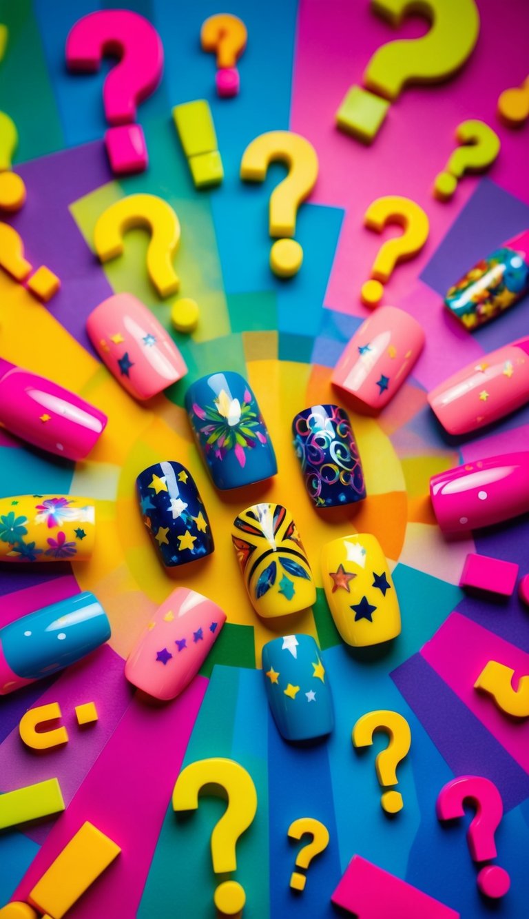 Vibrant nail designs displayed on a colorful background, surrounded by question marks and exclamation points