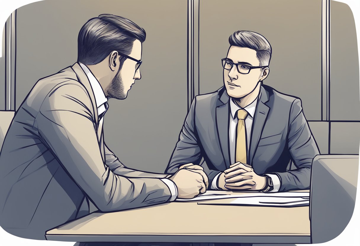 A leader sitting across from a team member, leaning in and making direct eye contact, with an open and attentive posture