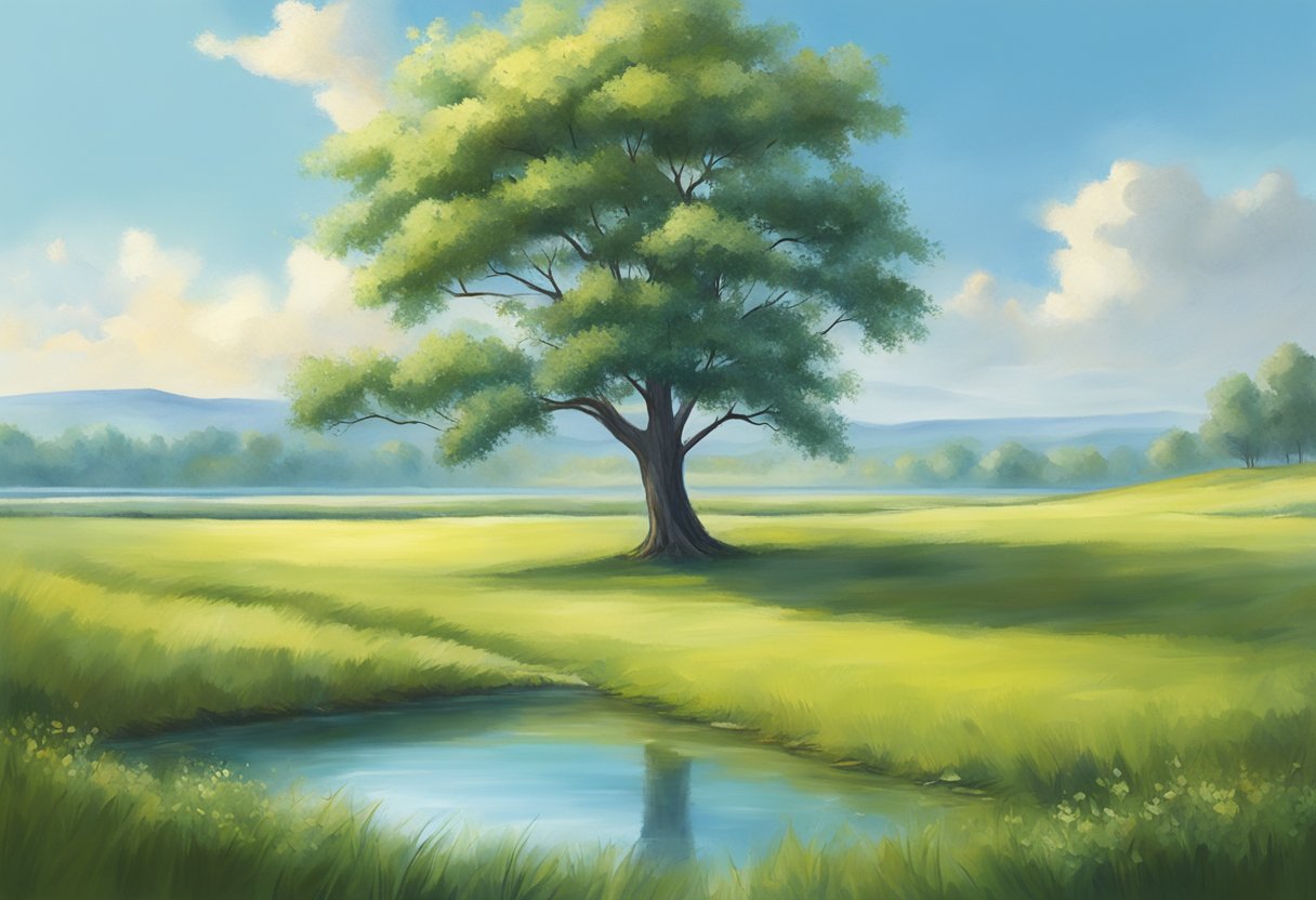 A lone tree stands in a tranquil meadow, surrounded by still waters and a clear blue sky, evoking a sense of calm and contemplation