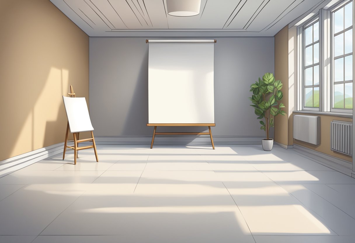 A serene, empty room with a single chair and a blank canvas, surrounded by soundproof walls