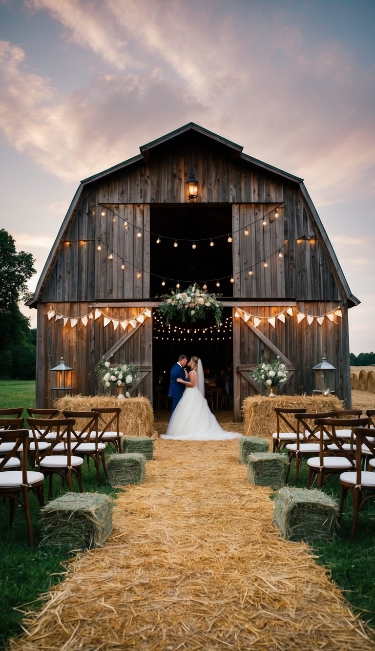 A rustic barn adorned with fairy lights, bales of hay, and wildflowers, set for a charming wedding celebration