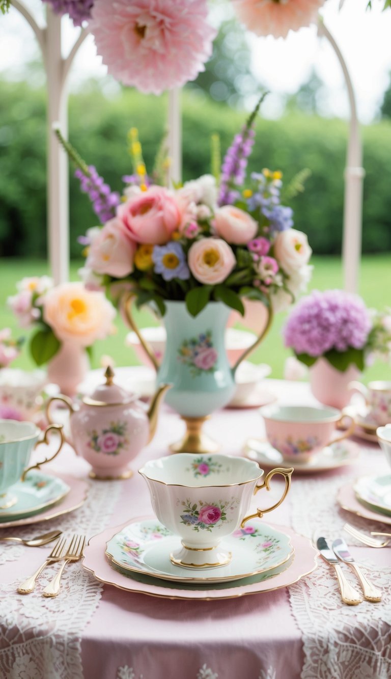 A whimsical garden tea party with pastel decor, floral centerpieces, vintage teacups, and delicate lace tablecloths