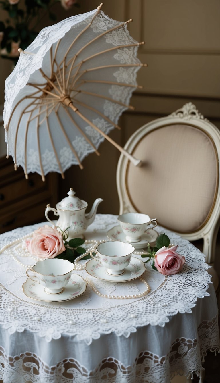 A vintage lace table adorned with delicate teacups, roses, and pearls. A lace parasol rests against an antique chair
