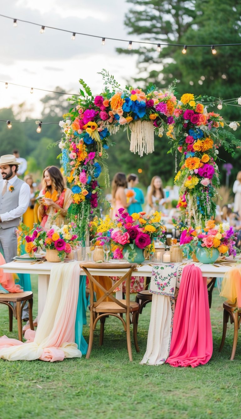 A colorful outdoor wedding with vibrant floral arrangements, flowing fabrics, and eclectic decor. A mix of vintage and modern elements create a boho chic celebration
