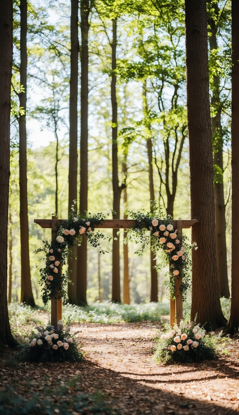 A cozy woodland clearing with a wooden arch adorned with flowers, surrounded by tall trees and dappled sunlight filtering through the leaves