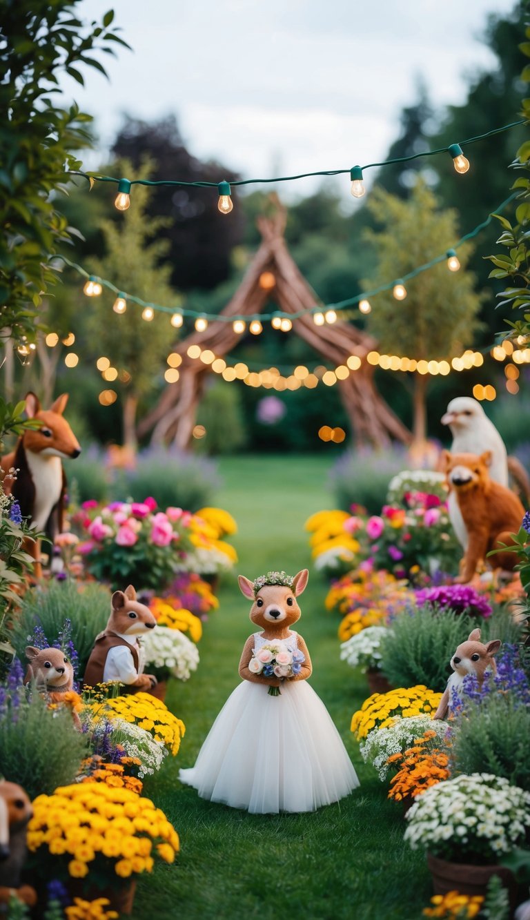 A charming garden filled with colorful flowers, twinkling lights, and adorable woodland creatures preparing for a fairytale wedding celebration