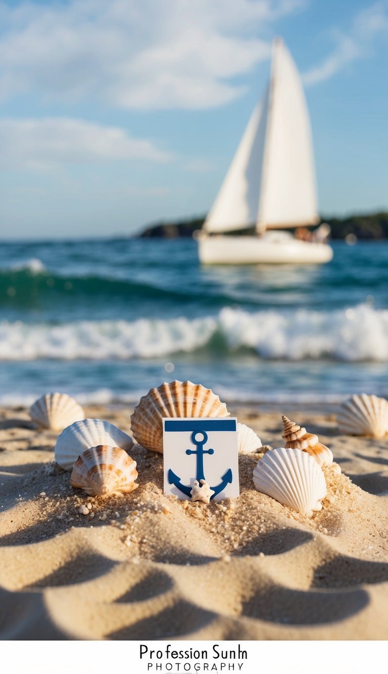 A beach wedding with nautical theme: a sandy shore, crashing waves, seashells, anchor motifs, and a white sailboat on the horizon