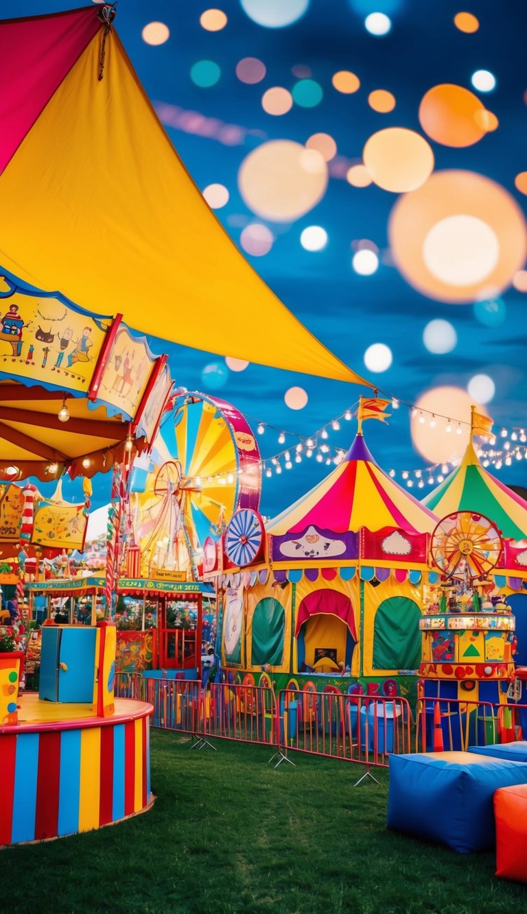 A colorful carnival festival with whimsical decorations, vibrant tents, and playful games, set against a backdrop of twinkling lights and joyful music