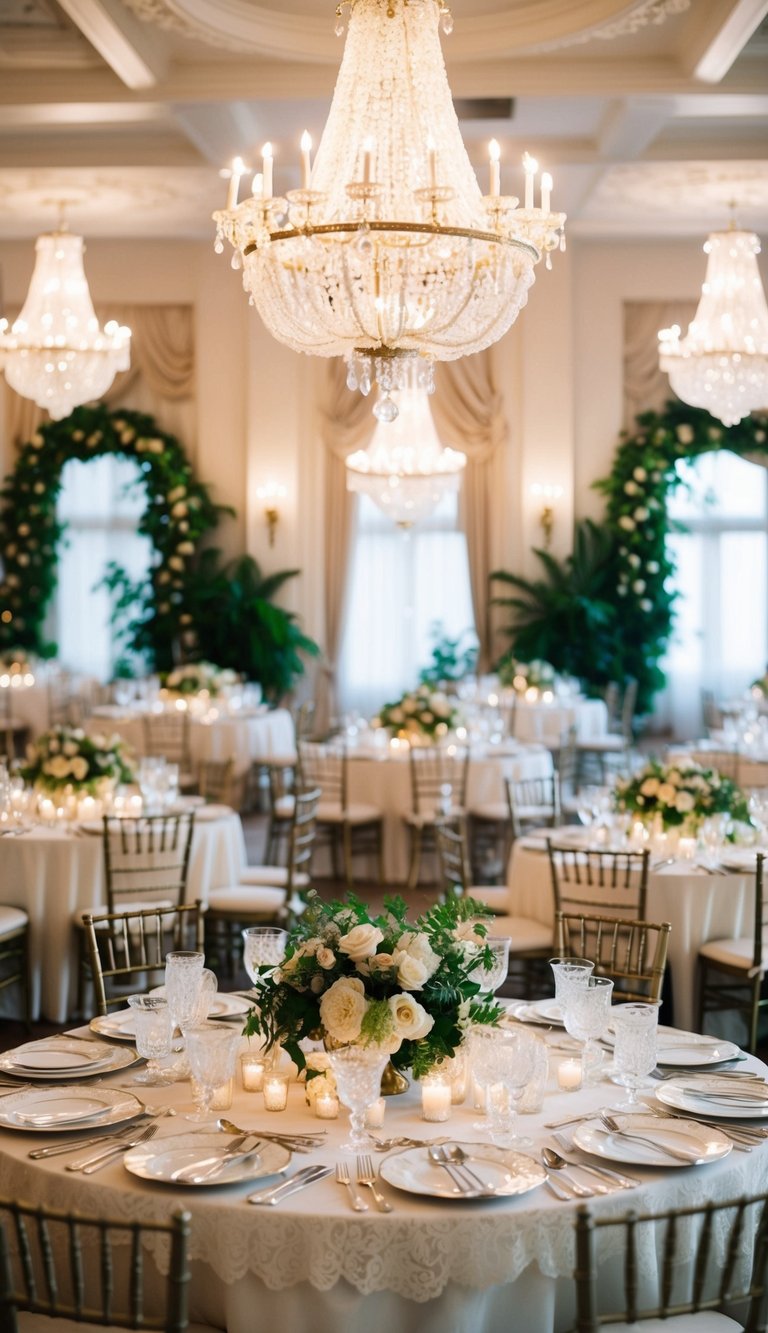 A grand ballroom adorned with delicate lace, fresh flowers, and sparkling chandeliers. Elegantly set tables with vintage china and silverware, surrounded by lush greenery and soft candlelight