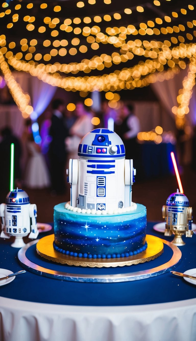 A galaxy-themed wedding reception with starry decorations, lightsabers as centerpieces, and R2-D2 and C-3PO cake toppers