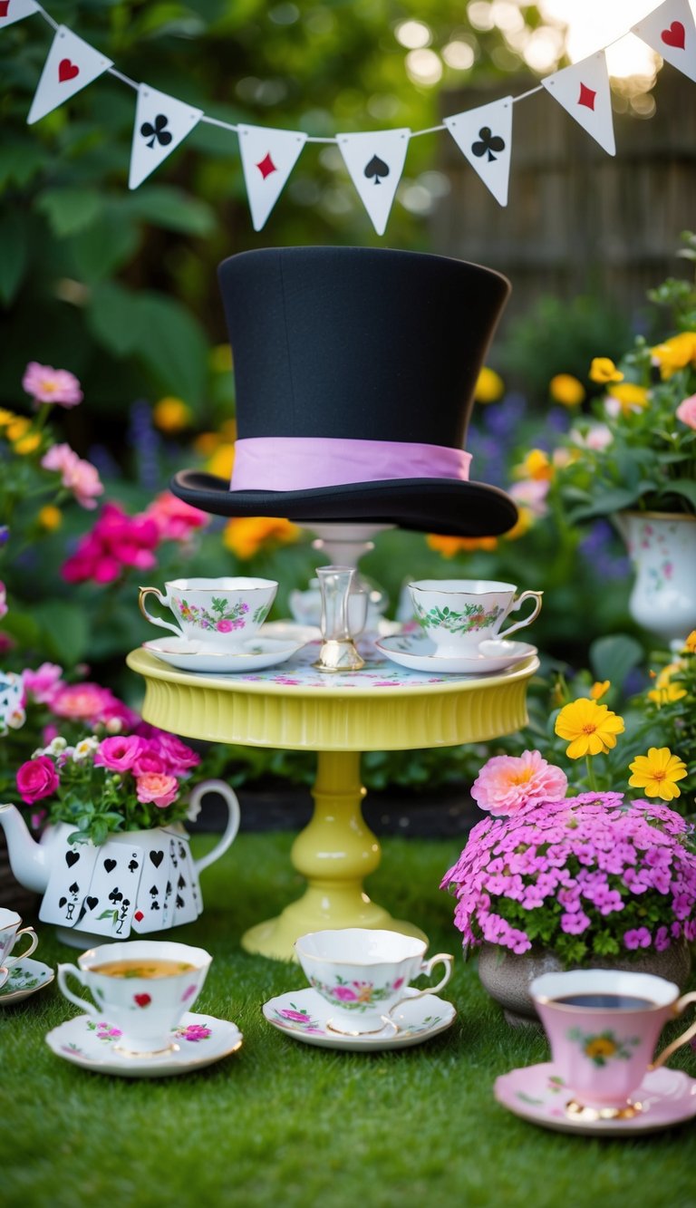 A whimsical garden adorned with teacup flowers, playing card bunting, and a giant top hat centerpiece