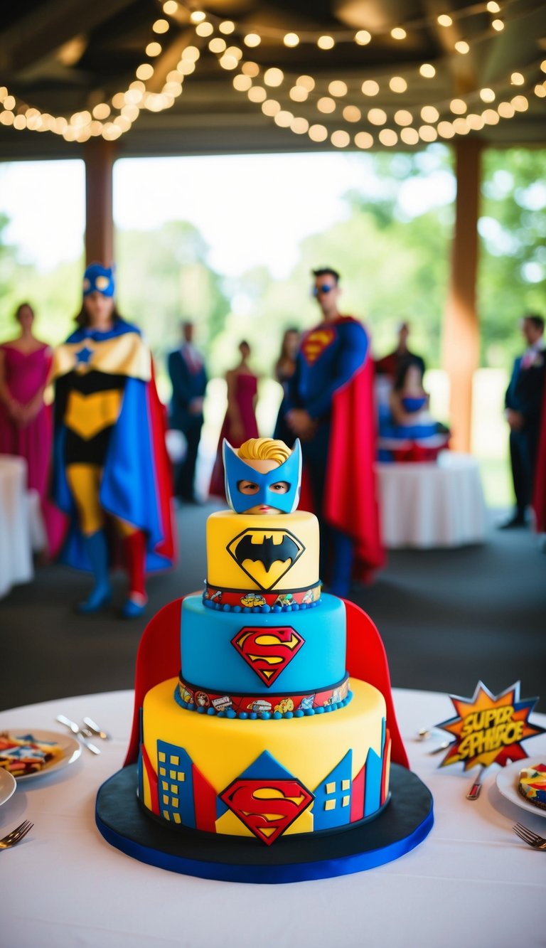 A superhero-themed wedding with colorful capes and masks, comic book-style decorations, and a cake adorned with superhero emblems