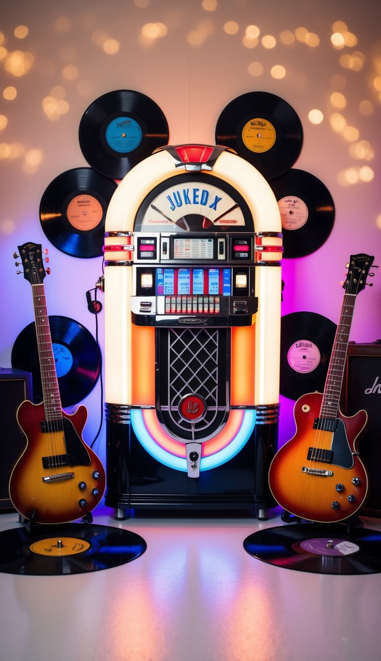 A retro jukebox surrounded by vinyl records, guitars, and vibrant neon lights creates a rock and roll wedding theme