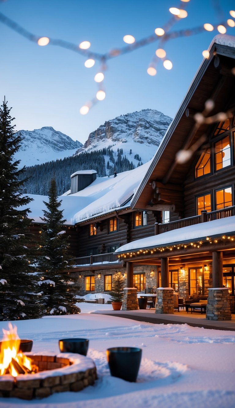 A snow-covered lodge with twinkling lights, a roaring fire, and cozy blankets, surrounded by pine trees and snow-capped mountains