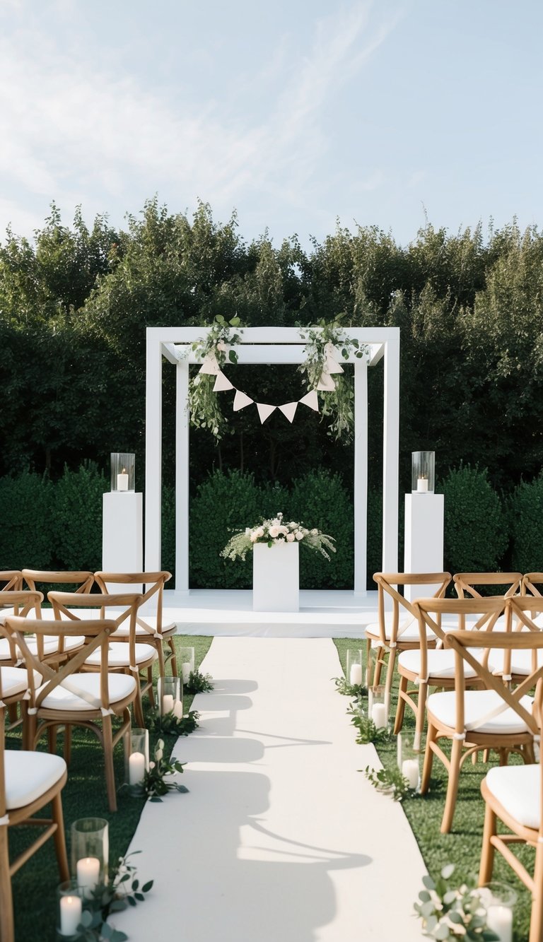 A serene outdoor wedding ceremony with simple, clean decor and a backdrop of lush greenery and modern geometric accents