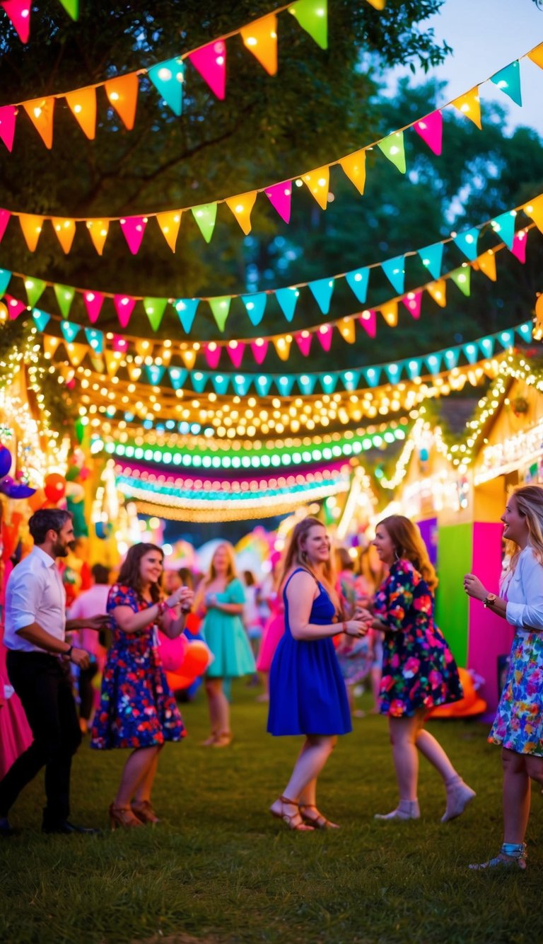 A colorful outdoor festival with vibrant decorations, fairy lights, and whimsical details. A lively atmosphere with music, dancing, and joyful celebration